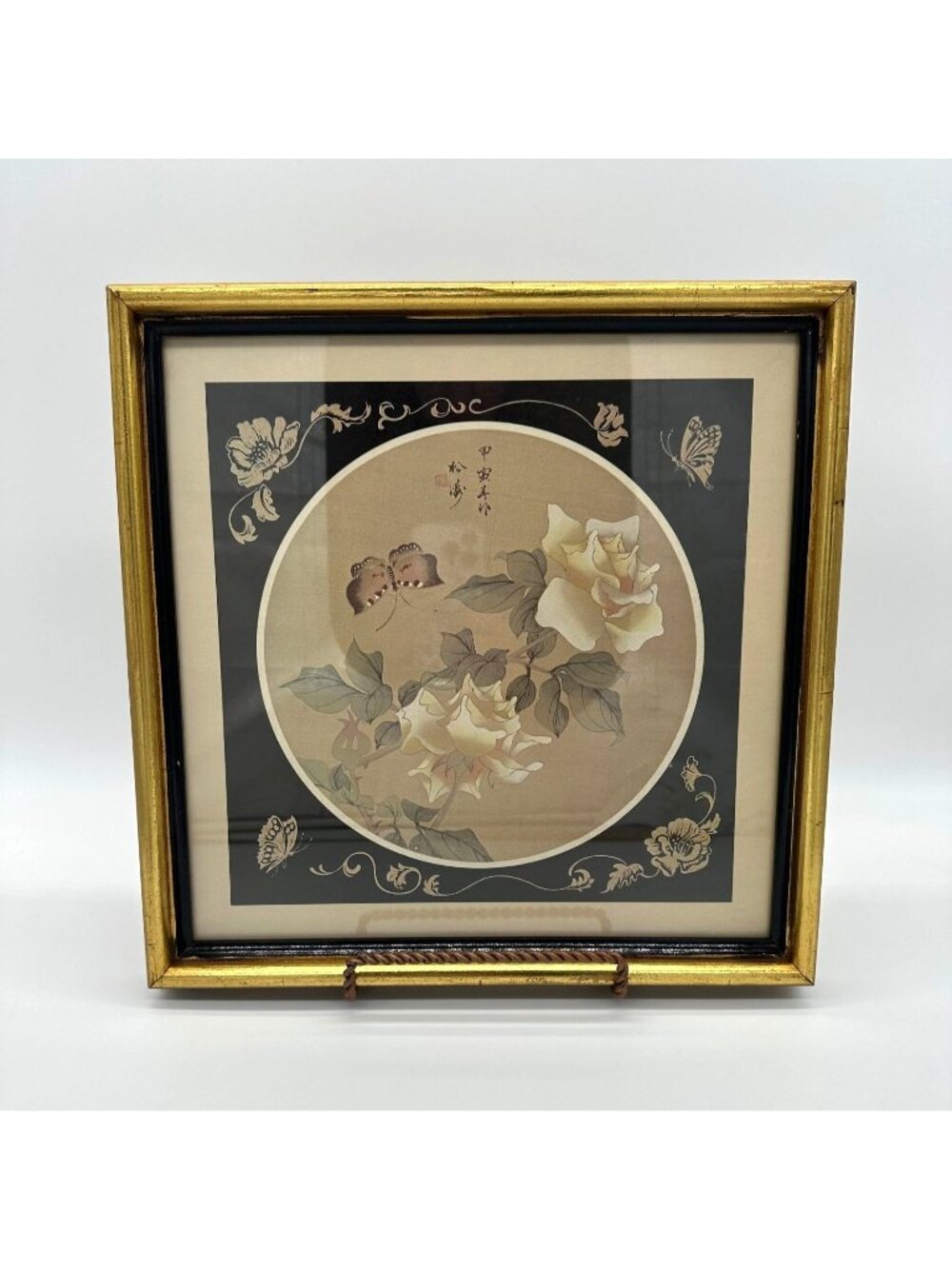 Vintage Asian Framed Art White Roses Butterflies Gold Wooden Frame Wall Hanging